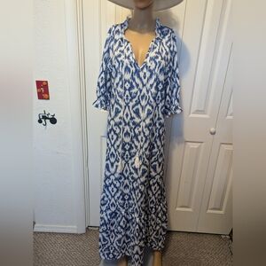 Noracora Boho Dress Large Blue White Ikat Balloon Sleeve Tiered Tassel Size M.